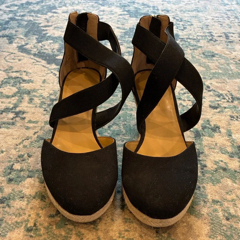 Talbots Black Canvas Espadrille Wedge Sandals